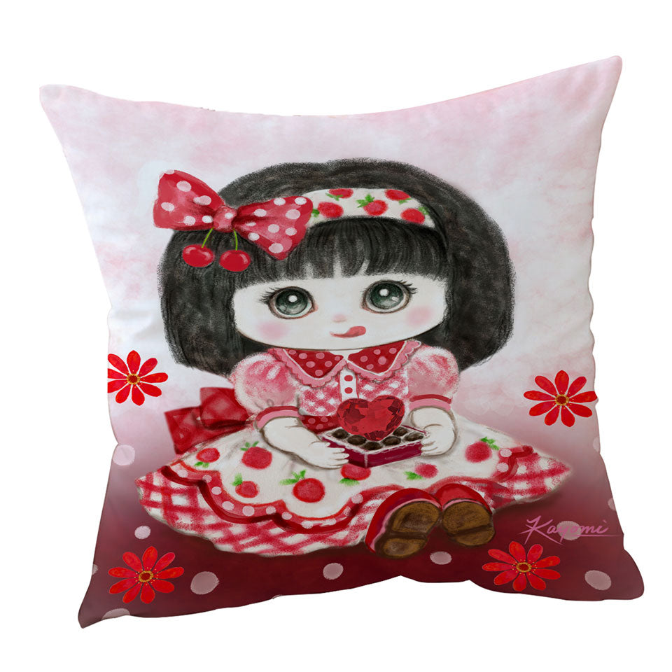 Kids Cushion and Throw Pillow Drawings Red Girl Heart and Flowers