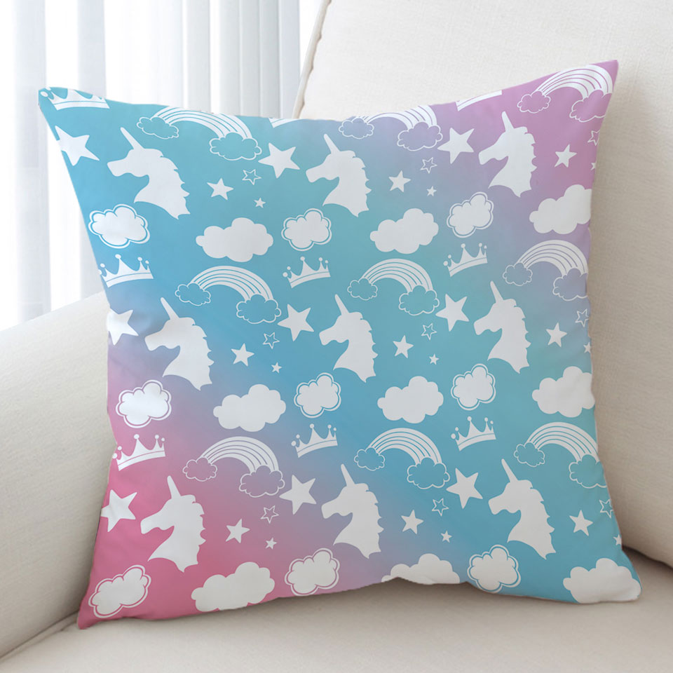 Kids Cushions with White Silhouettes Clouds and Unicorns