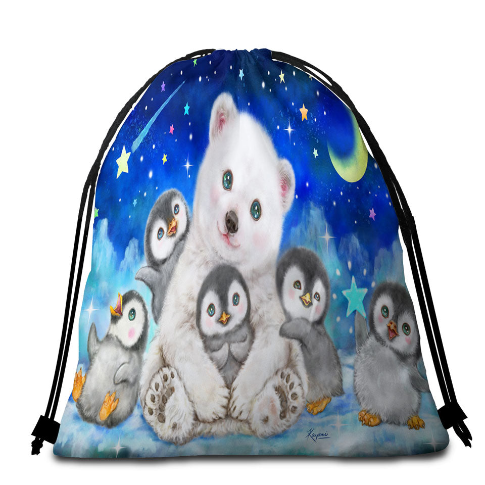 Kids Cute Animal Drawings Beach Towels and Bags Set with Polar Bear and Penguins