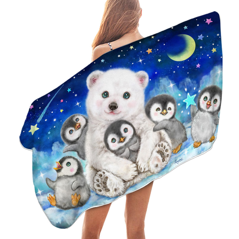 Kids Cute Animal Drawings Beach Towels with Polar Bear and Penguins