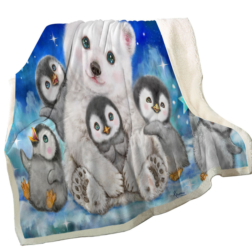 Kids Cute Animal Drawings Fleece Blankets with Polar Bear and Penguins