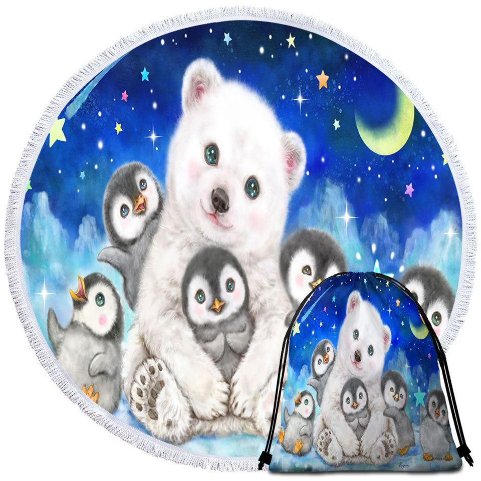 Kids Cute Animal Drawings Microfibre Beach Towels with Polar Bear and Penguins
