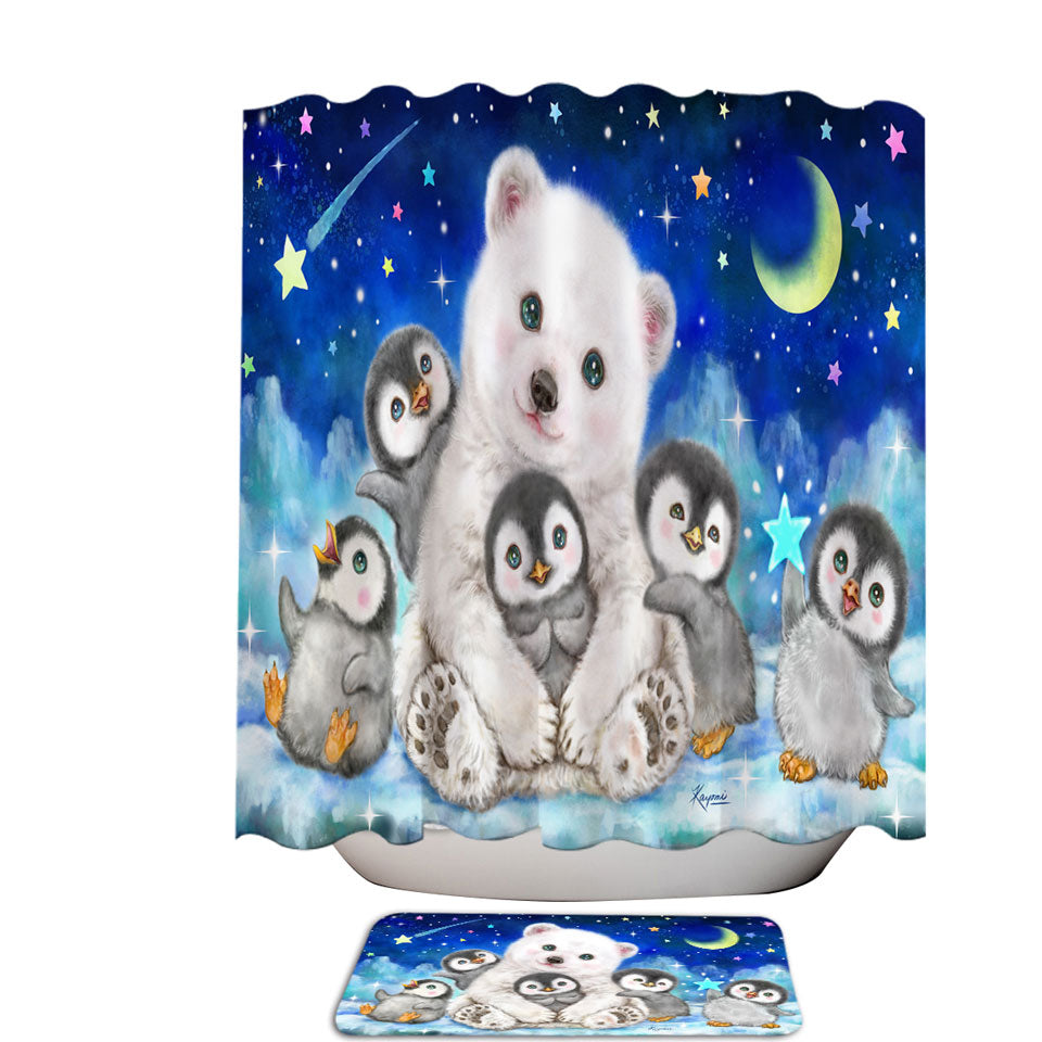 Kids Cute Animal Drawings Shower Curtains with Polar Bear and Penguins