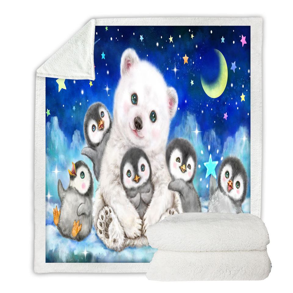 Kids Cute Animal Drawings Throw Blanket with Polar Bear and Penguins