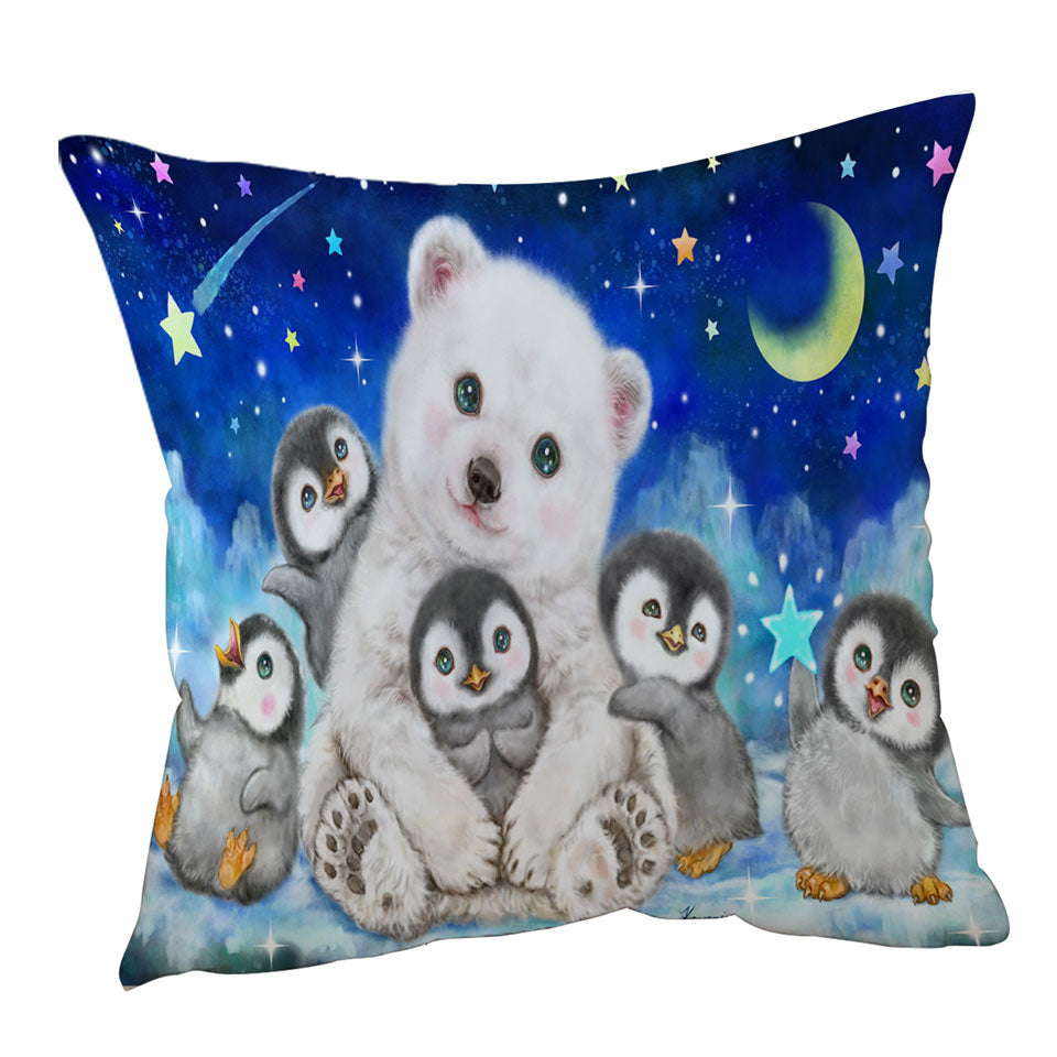 Kids Cute Animal Drawings Throw Pillows with Polar Bear and Penguins