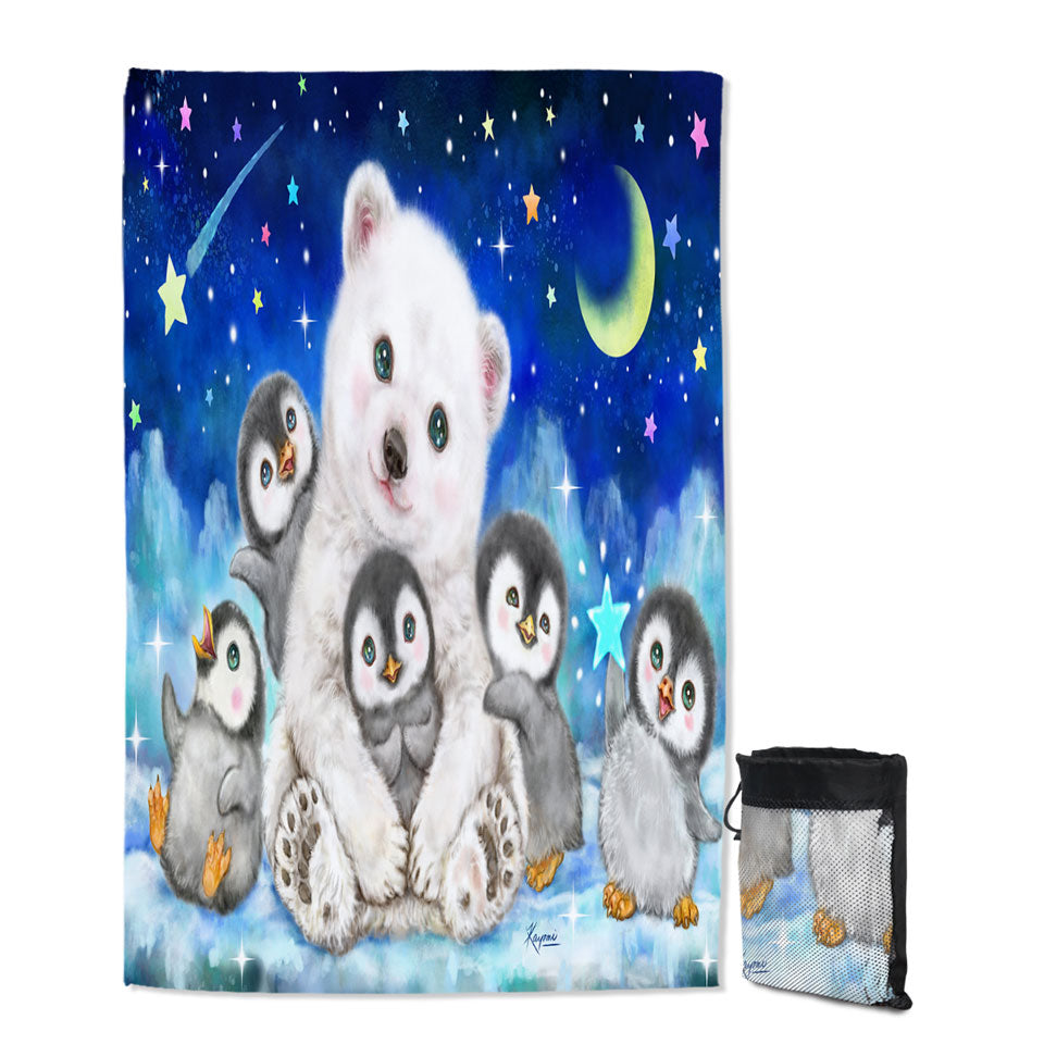 Kids Cute Animal Drawings Unique Beach Towels with Polar Bear and Penguins