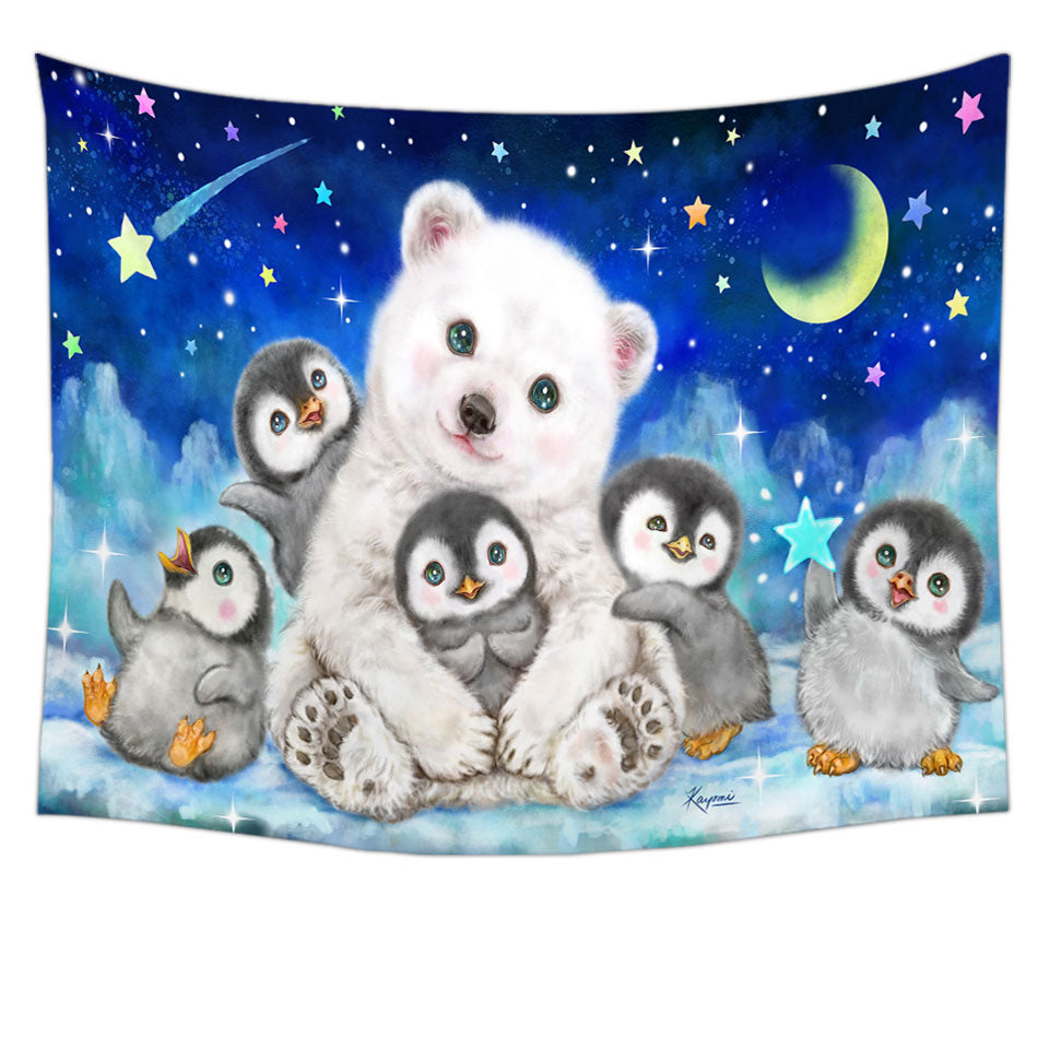 Kids Cute Animal Drawings Wall Decor Tapestries with Polar Bear and Penguins