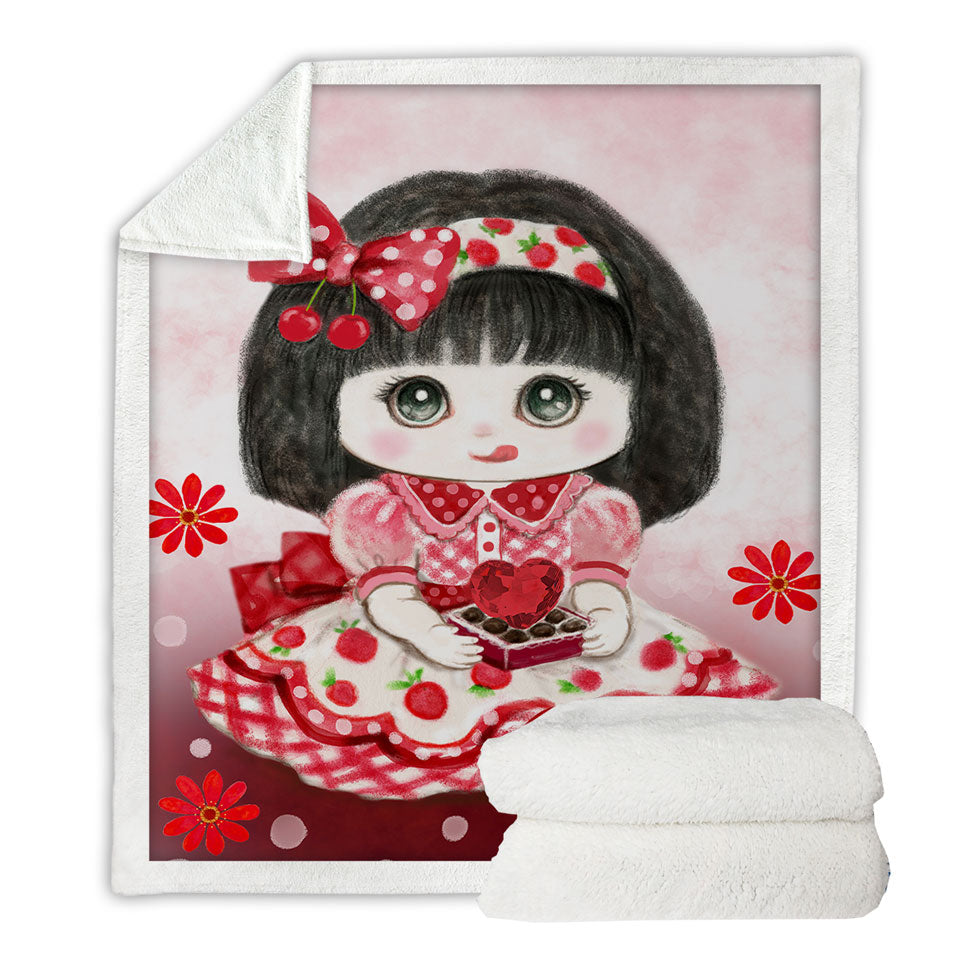 Kids Decorative Blankets Drawings Red Girl Heart and Flowers