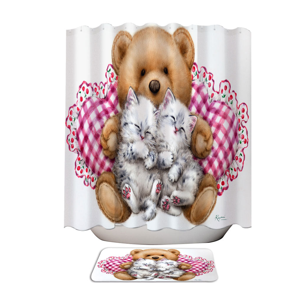 Kids Design Cute Teddy Bear Dream Kittens Shower Curtains and Bathroom Rugs