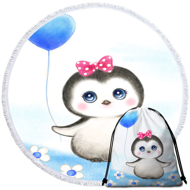 Kids Drawing Design Penguin Heart Balloon Round Beach Towel