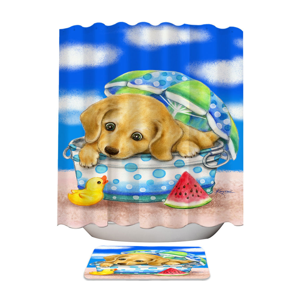 Kids Fabric Shower Curtains and Bathroom rugs Animal Dogs Art Cute Dachshund at the Beach