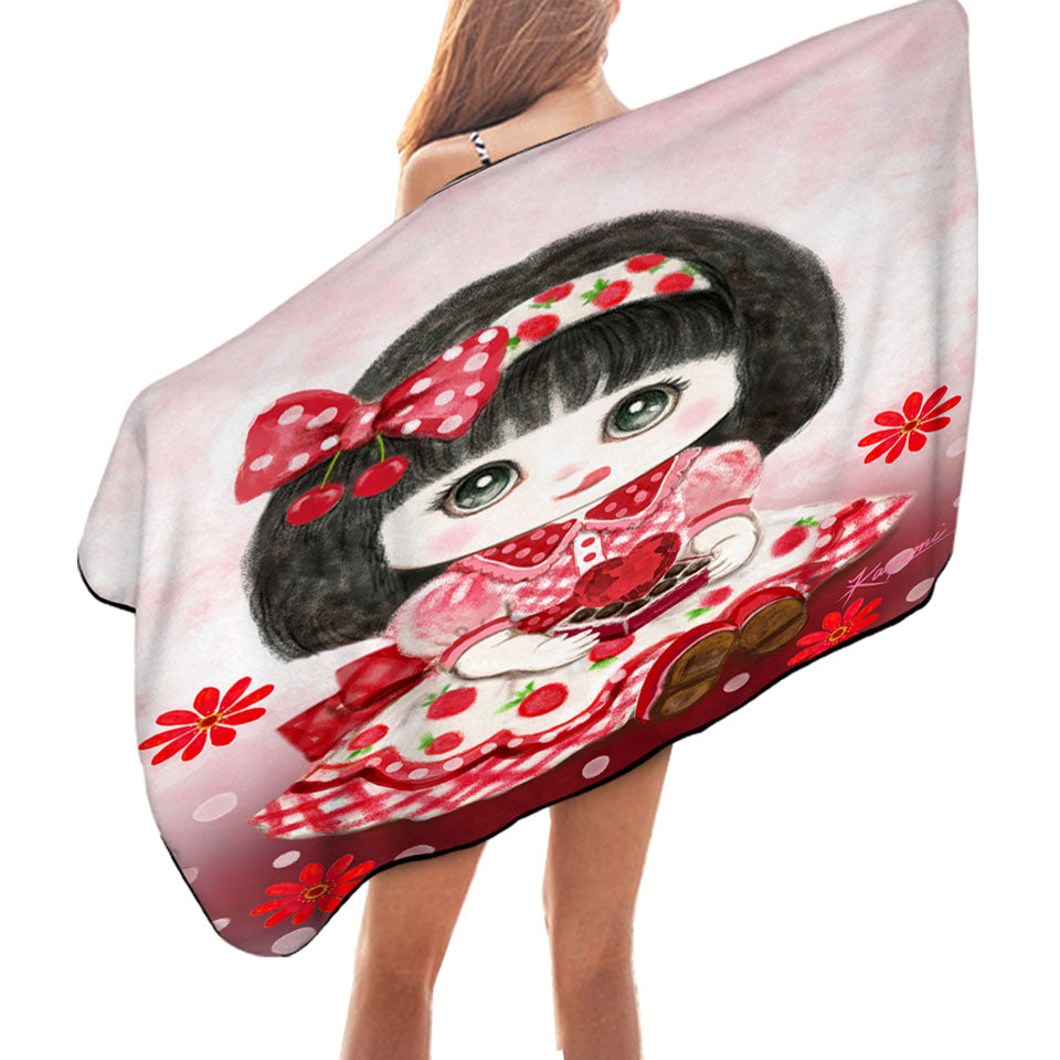 Kids Girls Beach Towels Drawings Red Girl Heart and Flowers