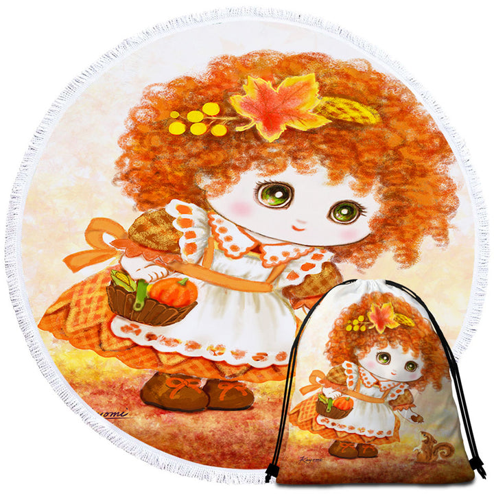 Kids Microfiber Beach Towel Drawings Autumn Orange Girl and Squirrel