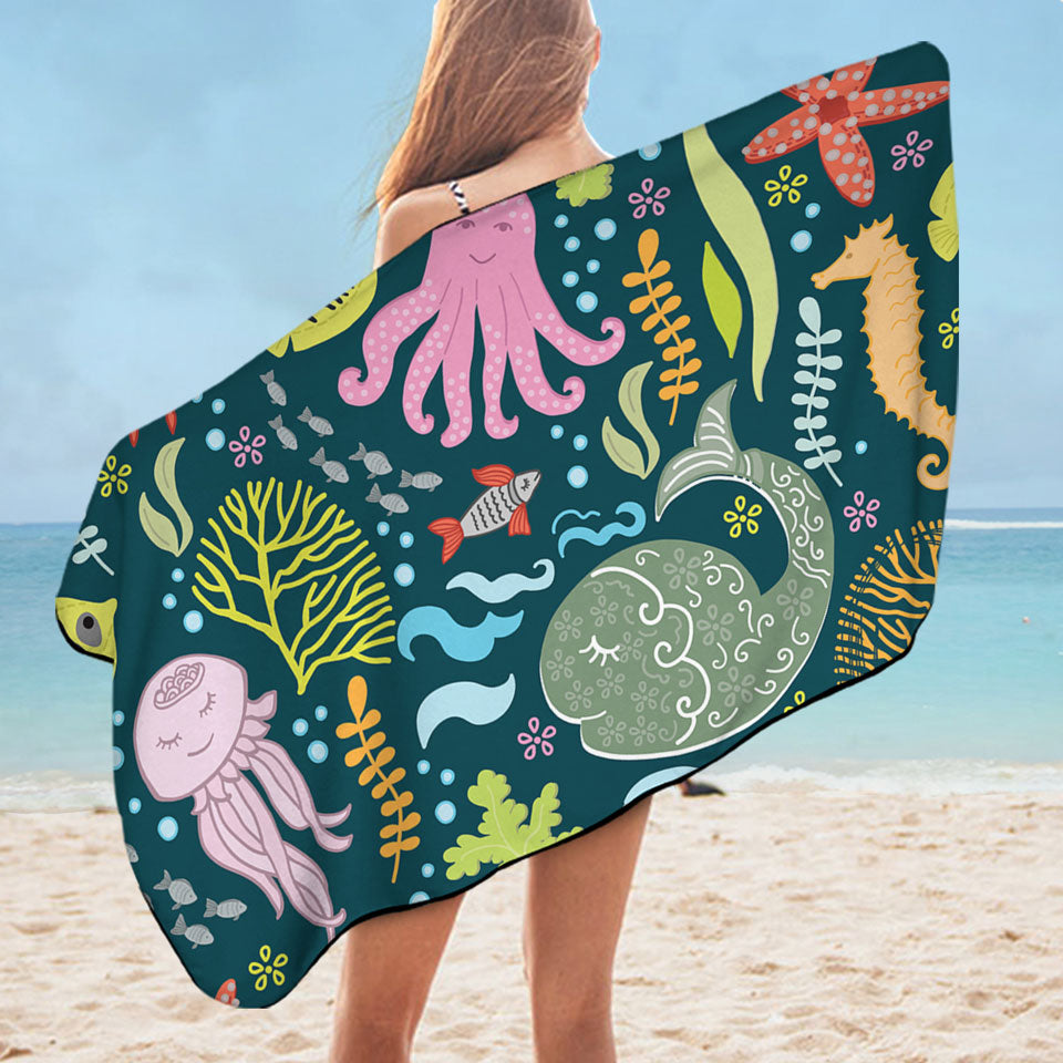 Kids Microfiber Beach Towel Multi Colored Marine Animals