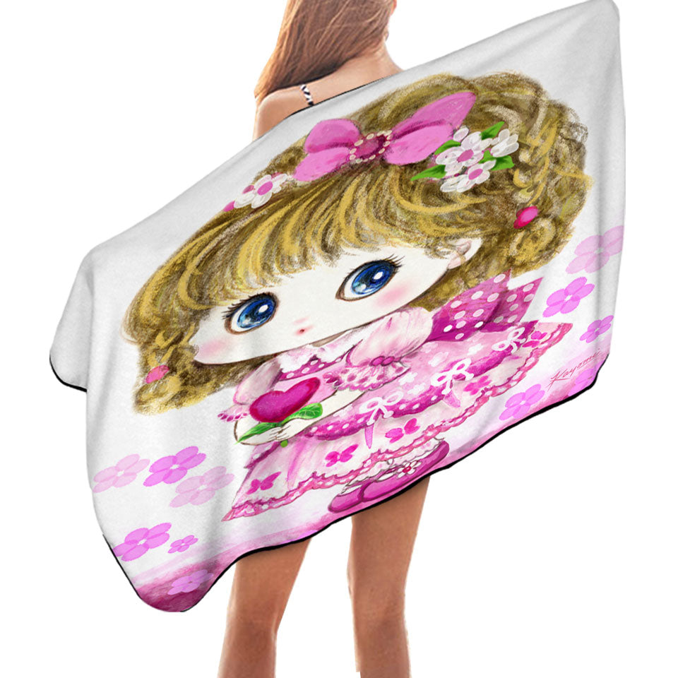 Kids Nice Beach Towels Drawings Pink Girl Heart and Flowers