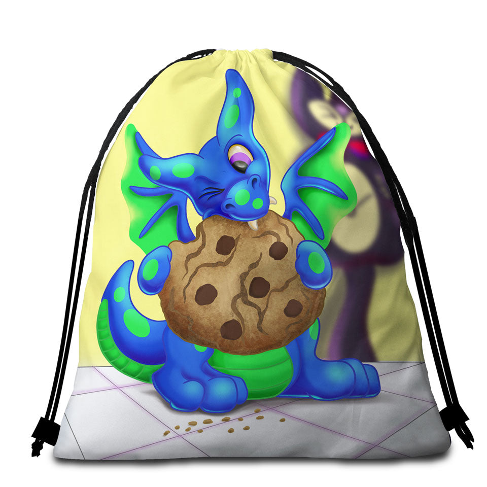 Kids Packable Beach Towel Lovely Dragon Eating a Cookie