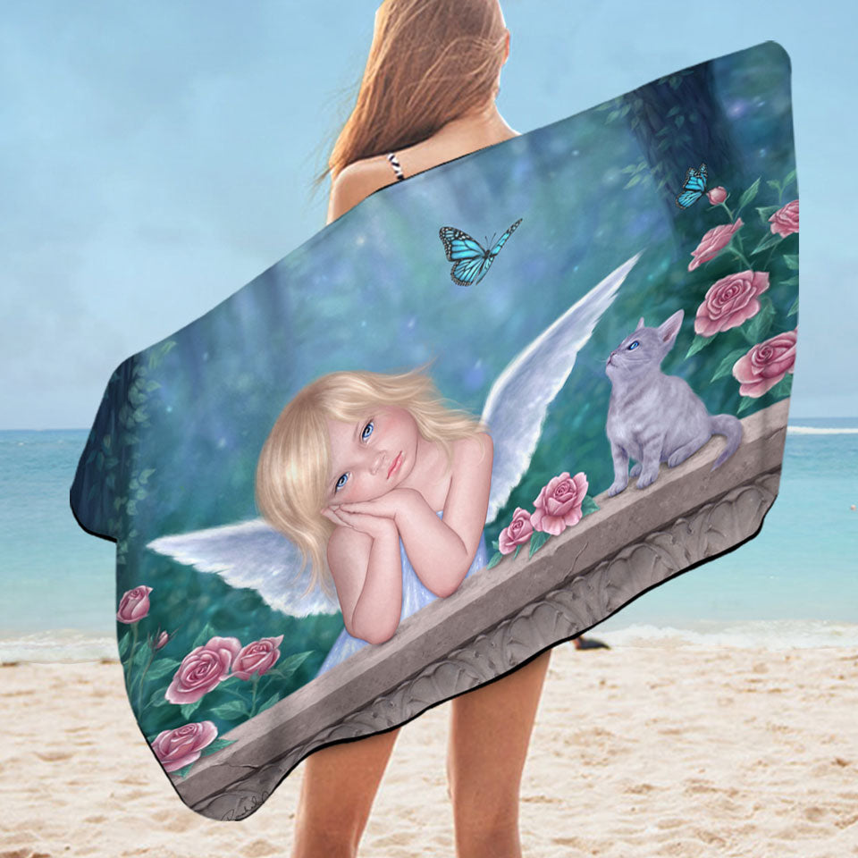 Kids Pool Towels Fantasy Art Little Miracles Cat and Cute Little Fairy