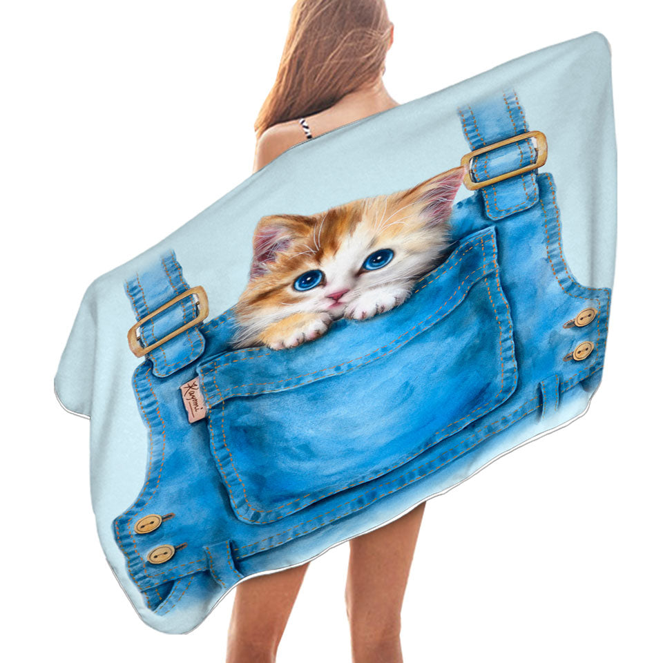 Kids Pool Towels with Adorable Animal Drawings Pocket Kitten