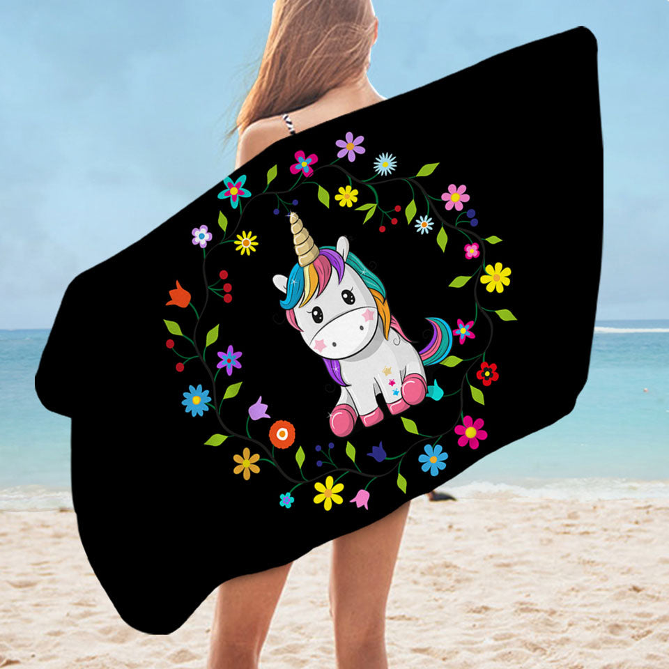 Kids Pool Towels with Simple Floral Circle and Adorable Unicorn
