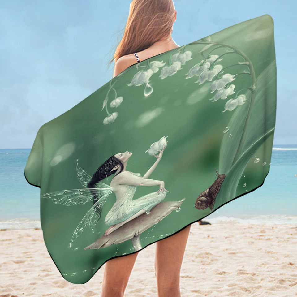 Kids Pool Towels with Snail and Cute Little Fairy the Lily of the Valley