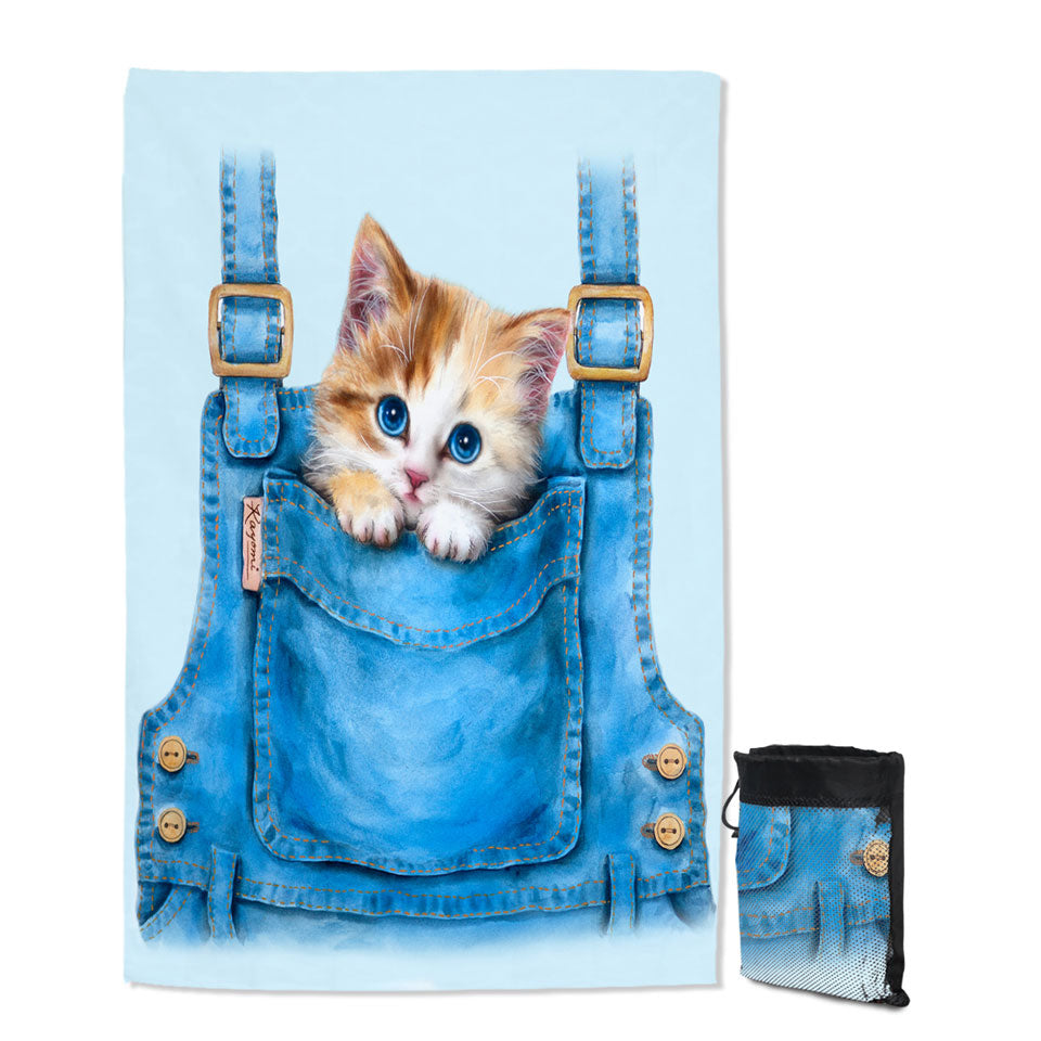 Kids Quick Dry Beach Towel with Adorable Animal Drawings Pocket Kitten