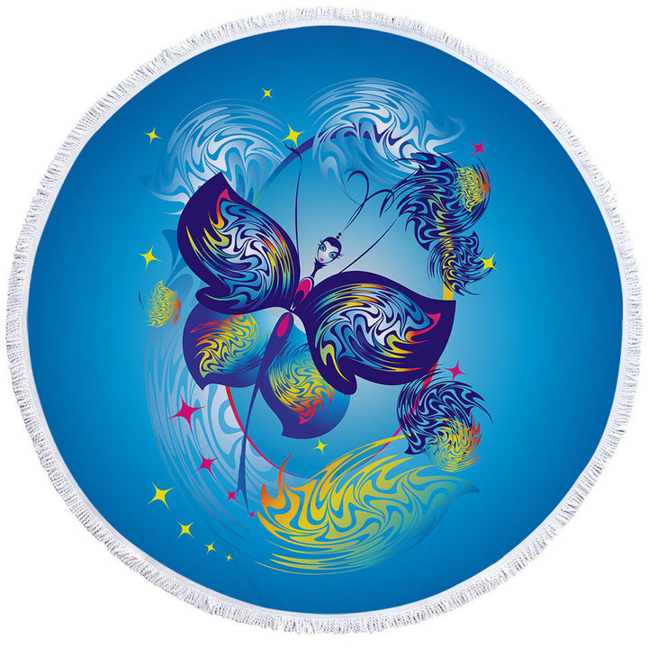 Kids Round Beach Towel Blue Fairy Tale Butterfly Character
