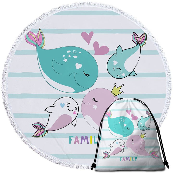 Kids Round Beach Towel Cute Whale Family