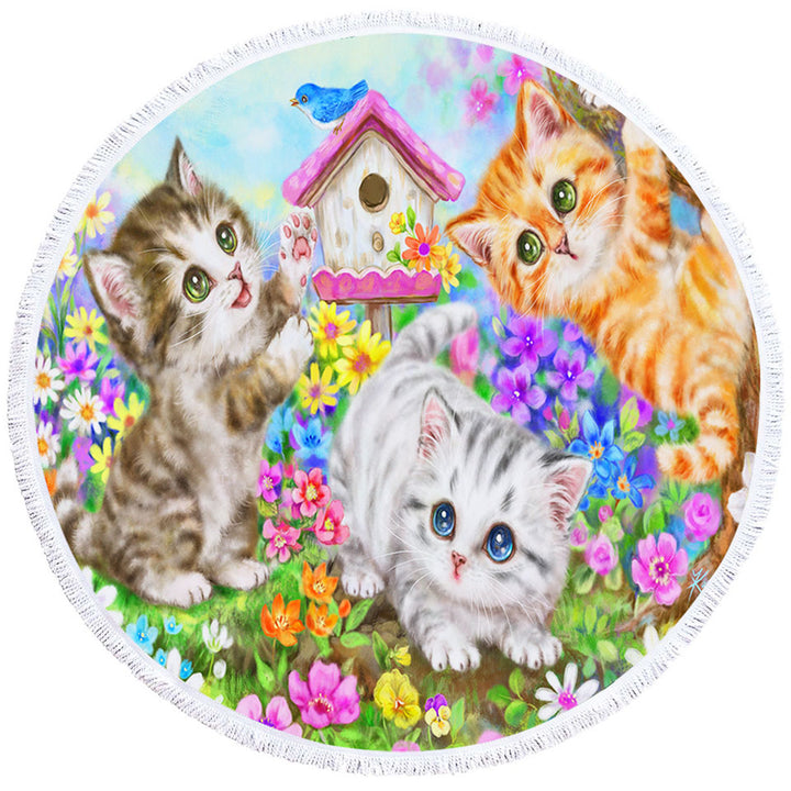 Kids Round Beach Towel Designs Cute Bird House and Cats Kittens