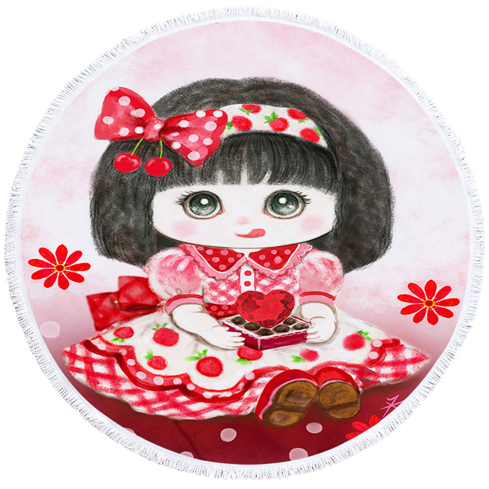 Kids Round Beach Towel Drawings Red Girl Heart and Flowers