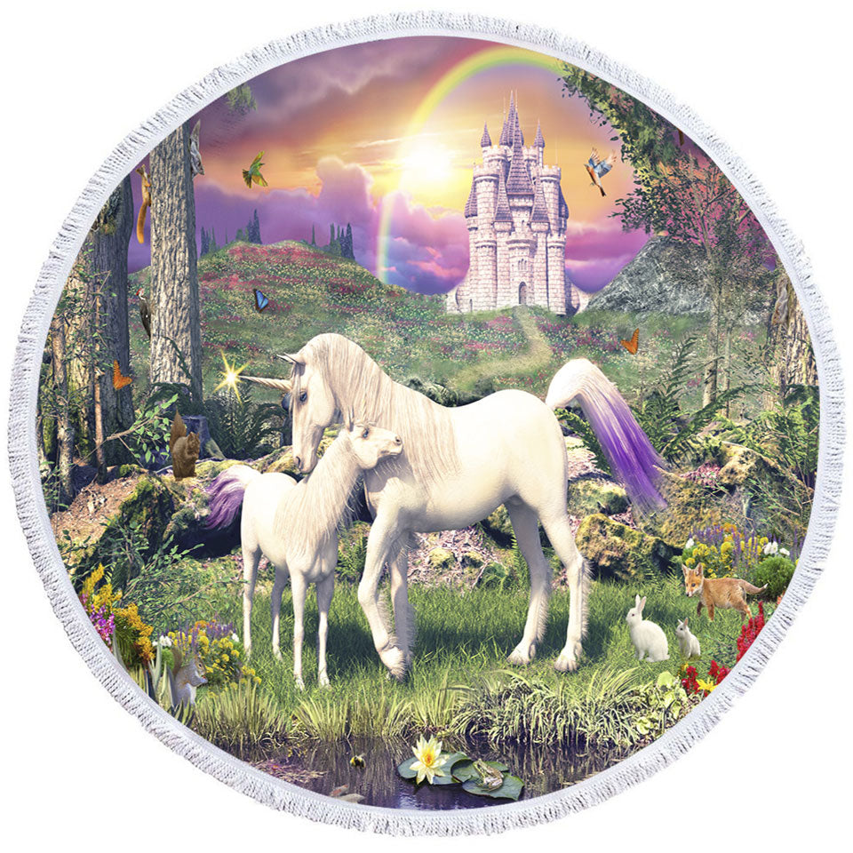 Kids Round Beach Towel Magical Forest the Sanctuary of the Unicorns