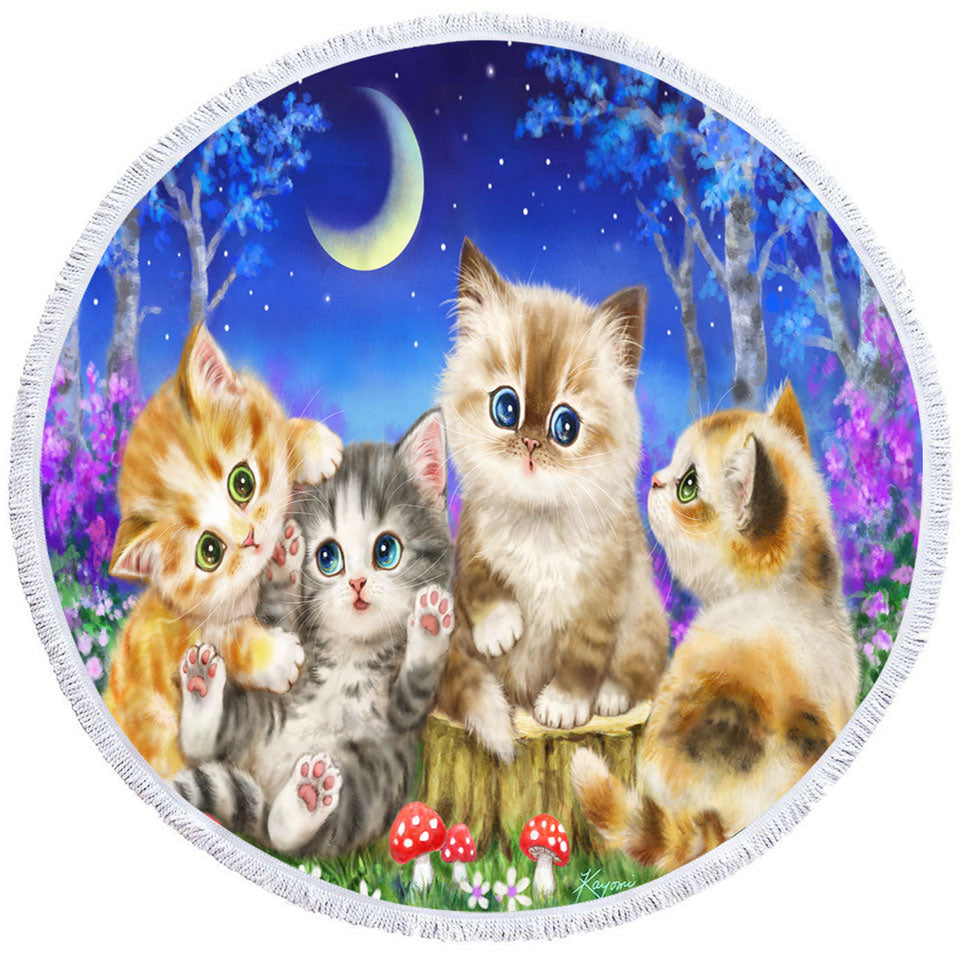 Kids Round Beach Towel with Moonlight Cats Cute Sweet Kittens in the Forest