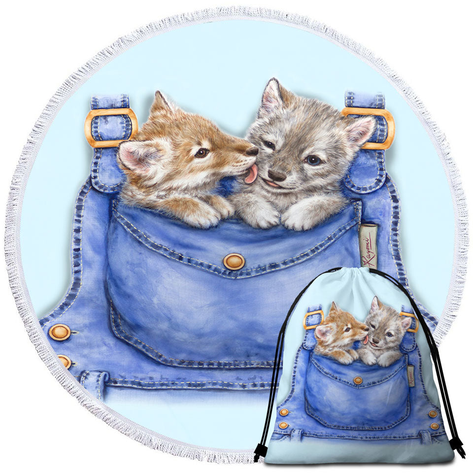 Kids Round Beach Towels Cute Animals Wolf Cubs Overall