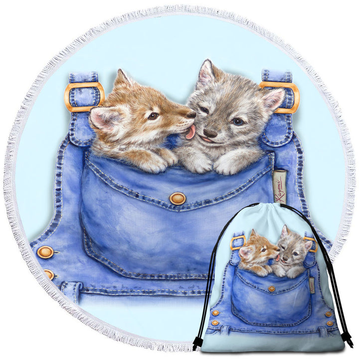 Kids Round Beach Towels Cute Animals Wolf Cubs Overall