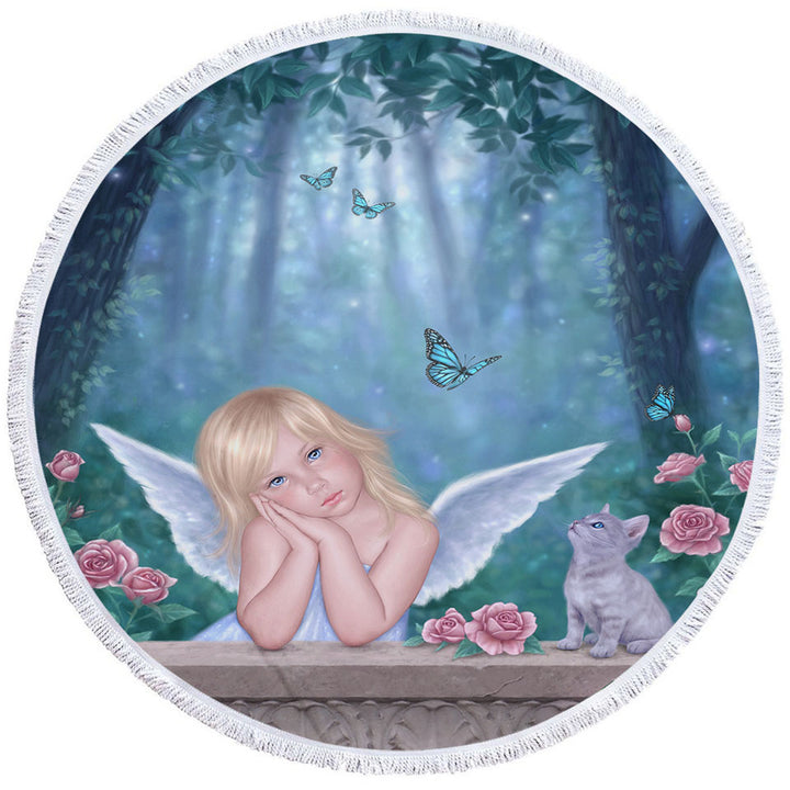 Kids Round Towel Fantasy Art Little Miracles Cat and Cute Little Fairy
