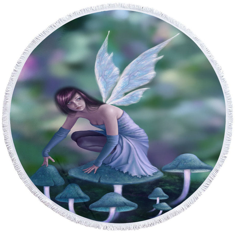 Kids Round Towel with Fantasy Art Periwinkle Mushroom Fairy