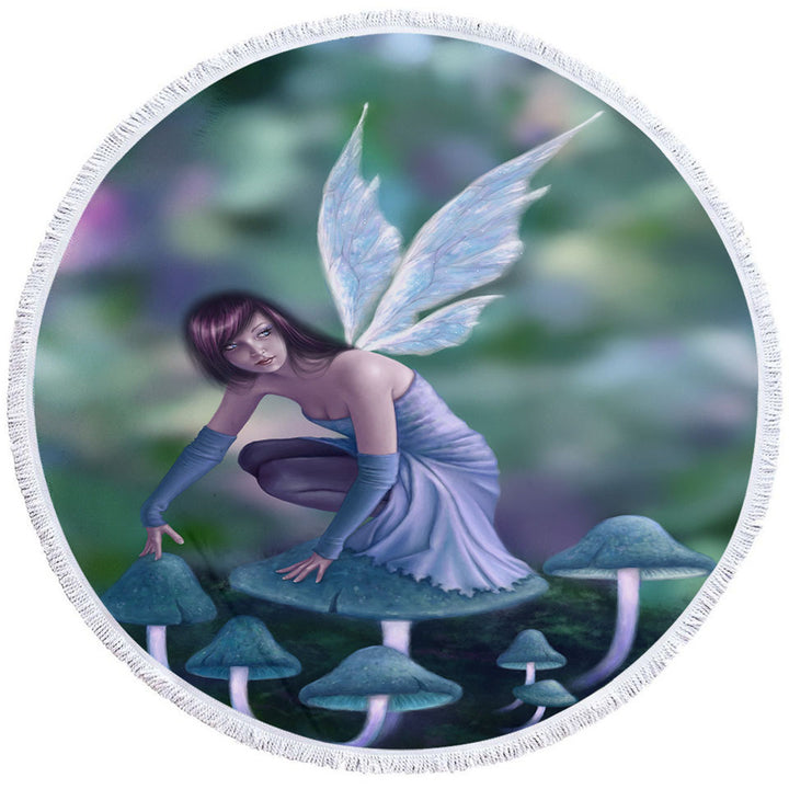 Kids Round Towel with Fantasy Art Periwinkle Mushroom Fairy