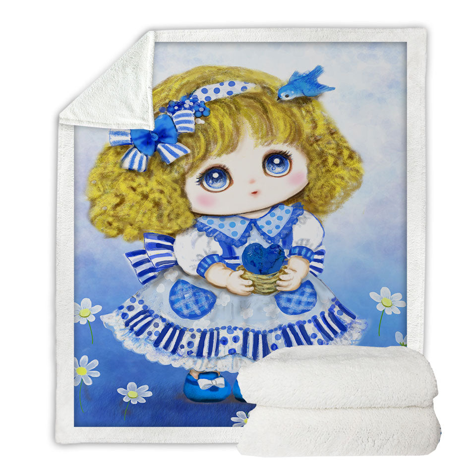 Kids Sherpa Blanket Drawings Blue Girl and Daisy Flowers
