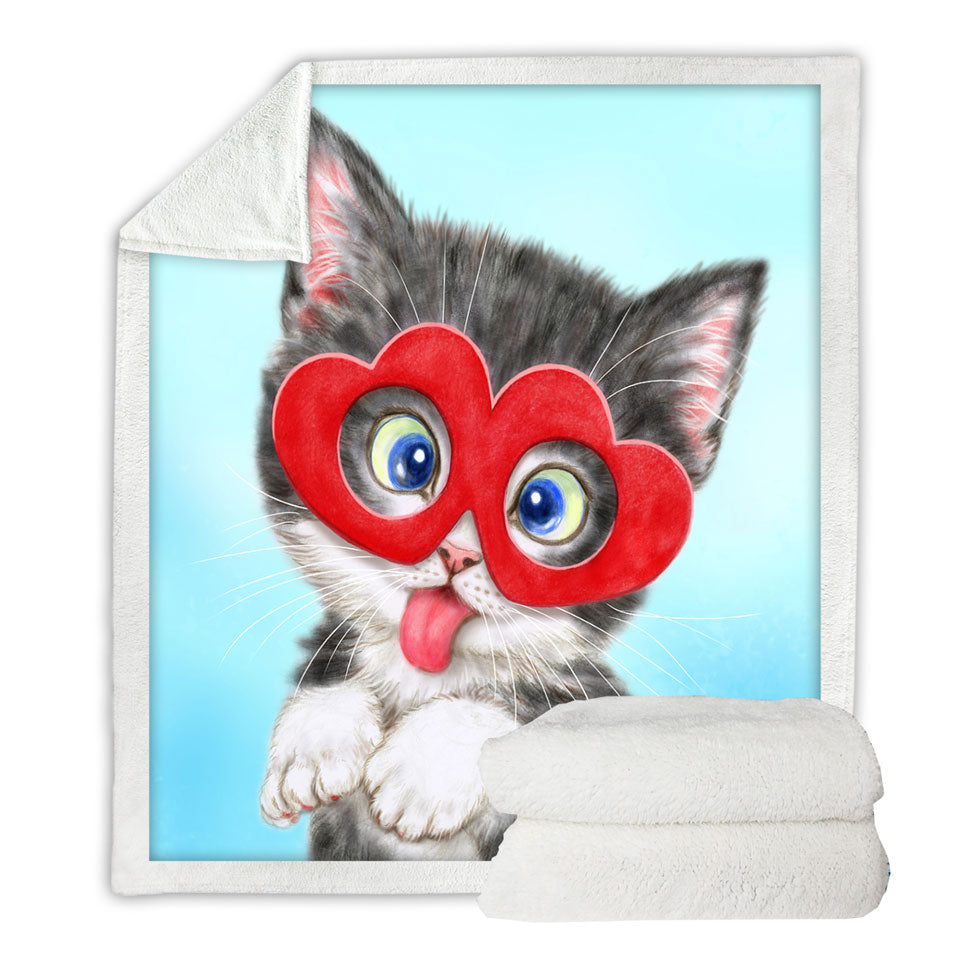 Kids Sherpa Blankets Cute Silly Kitten Wearing Heart Glasses