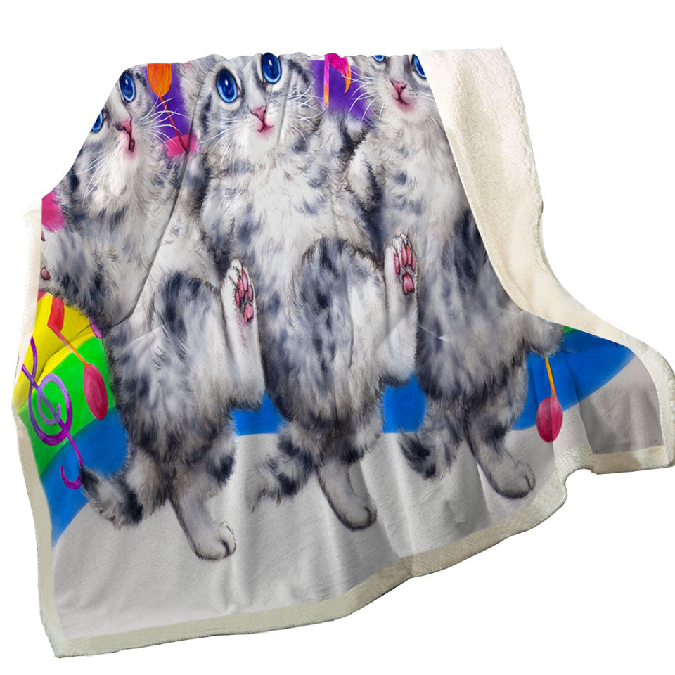 Kids Sherpa Blankets with Grey Kittens Rainbow Colorful Music Notes Dance