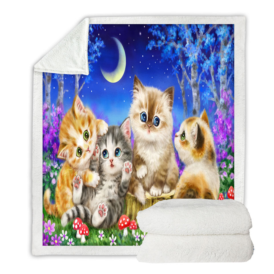 Kids Sherpa Blankets with Moonlight Cats Cute Sweet Kittens in the Forest