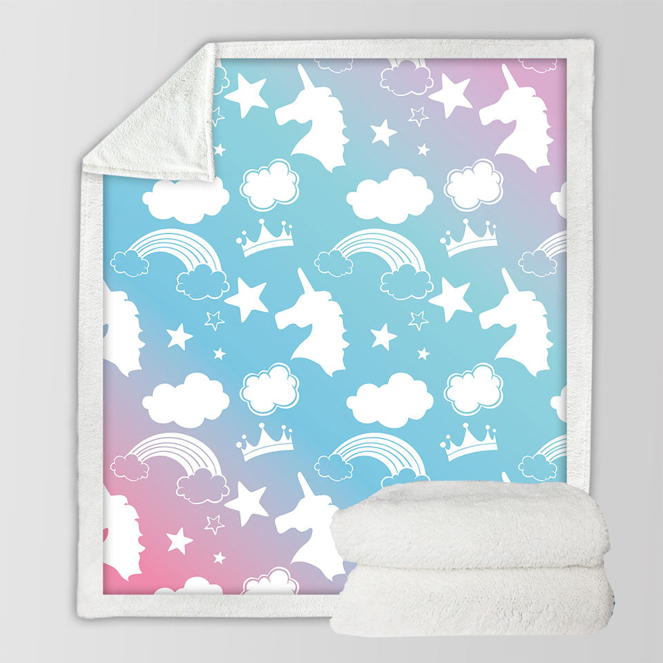 Kids Sherpa Blankets with White Silhouettes Clouds and Unicorns
