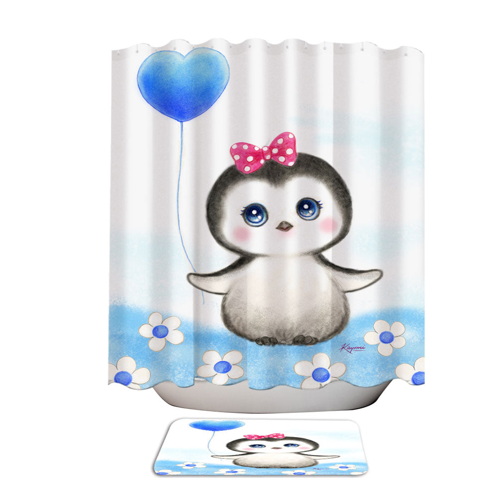 Kids Shower Curtain Drawing Design Penguin Heart Balloon