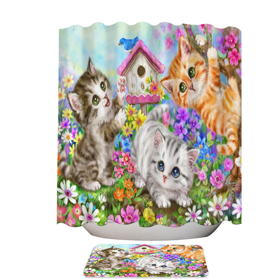 Kids Shower Curtains Designs Cute Bird House and Cats Kittens