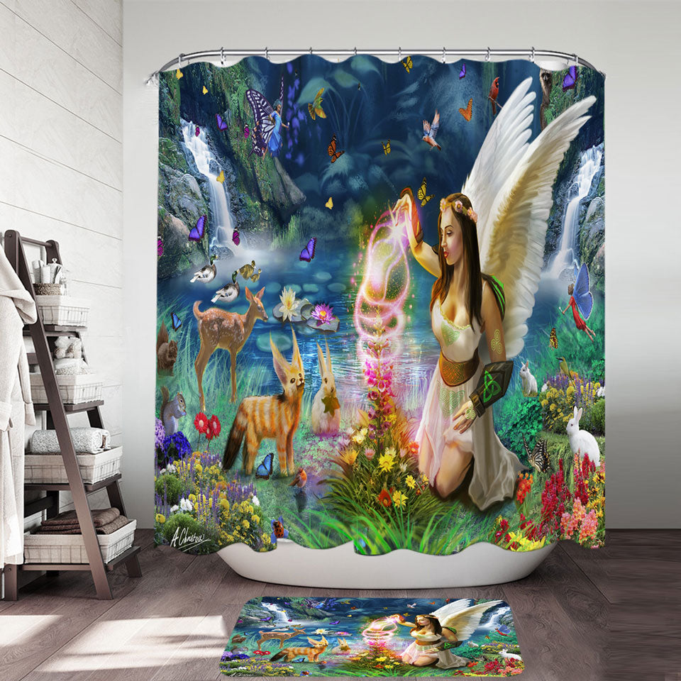 Kids Shower Curtains Fairy Tale Forest with a Beautiful Fairy Goddess