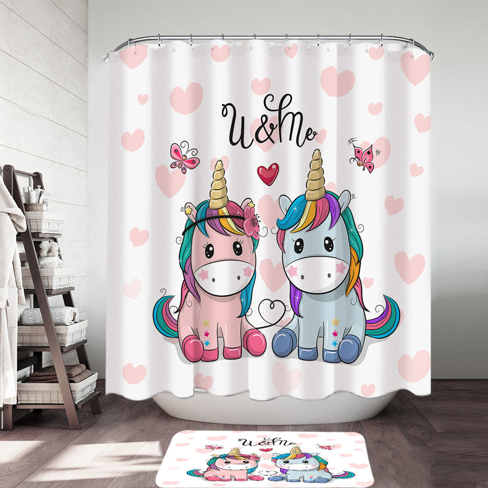 Kids Shower Curtains In Love U and Me Unicorns
