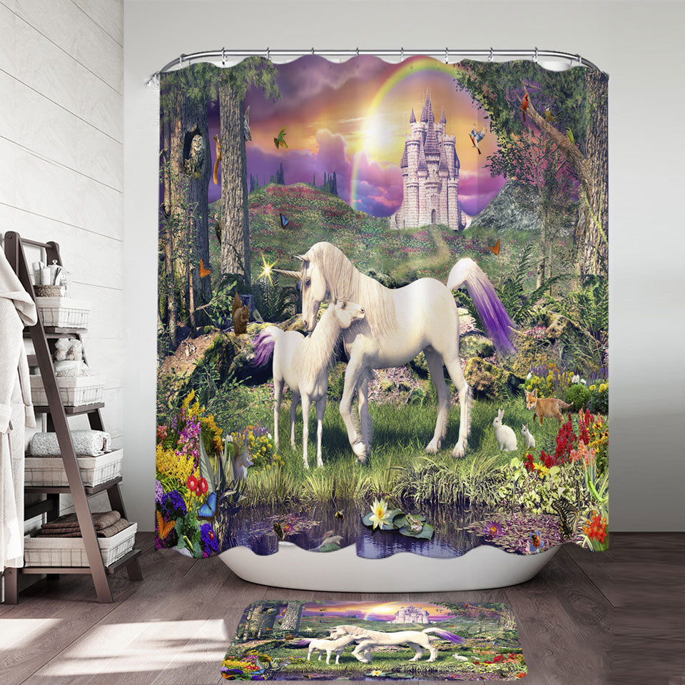 Kids Shower Curtains Magical Forest the Sanctuary of the Unicorns
