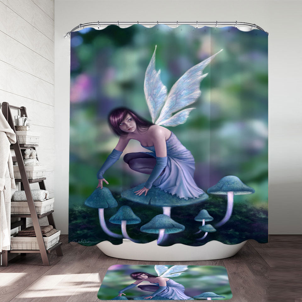 Kids Shower Curtains with Fantasy Art Periwinkle Mushroom Fairy