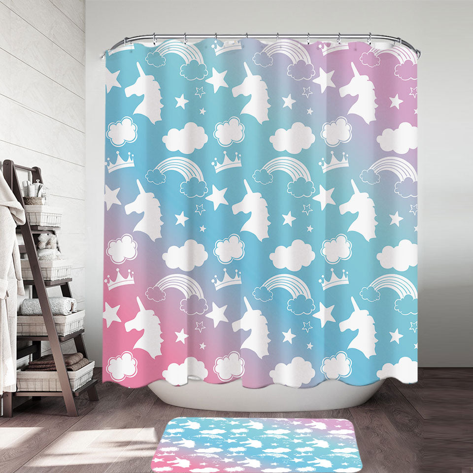 Kids Shower Curtains with White Silhouettes Clouds and Unicorns