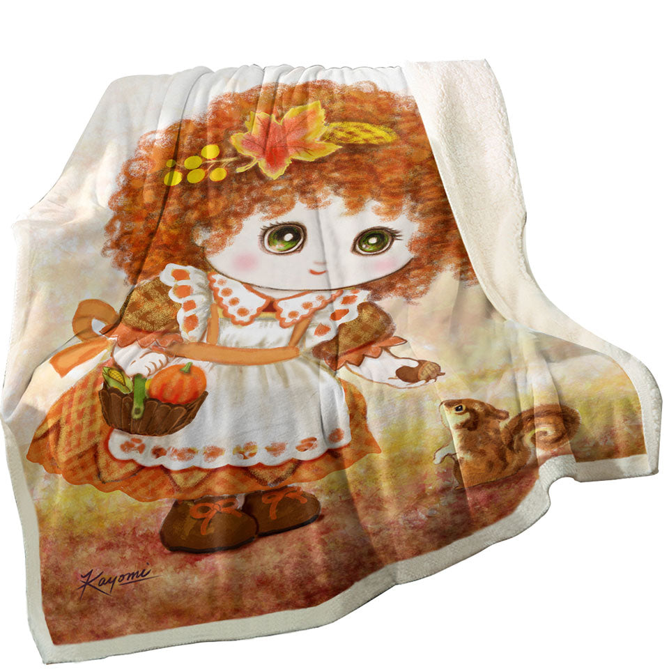 Kids Sofa Blankets Drawings Autumn Orange Girl and Squirrel