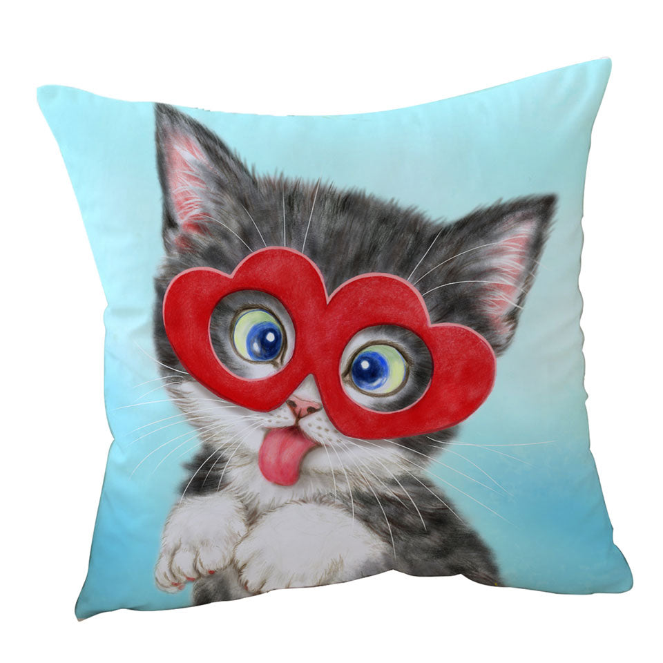 Kids Sofa Pillows Cute Silly Kitten Wearing Heart Glasses